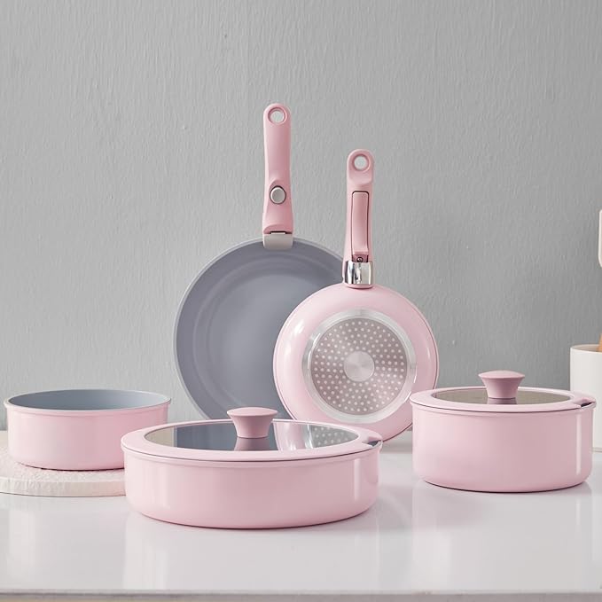 Pink Non Stick Pot and Pan Sets with Removable Handle Ceramic Cookware Set Detachable Handle Induction Kitchen Camping Stackable Pots Pans Dishwasher/Oven Safe PTFE/PFOA/PFOS Free