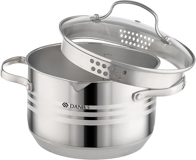 Daniks Tokio Stainless Steel Stock Pot 3 Quart with Glass Strainer Lid Induction Ready Dishwasher Safe Measuring Scale Silver