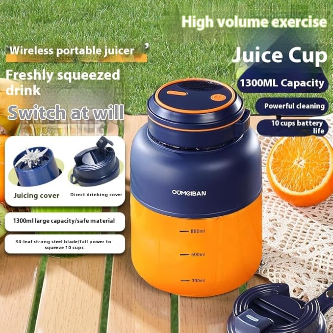OUMGIBAN Portable Wireless Electric Juicer Cup Small Juicer Blender 1300ml Capacity Navy Blue and Orange