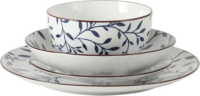 Gibson Home Palace Suite 16-Piece Dinnerware Set Blue Floral Stoneware Plates &amp Bowls Service for 4 Round Durable Everyday Dish Set
