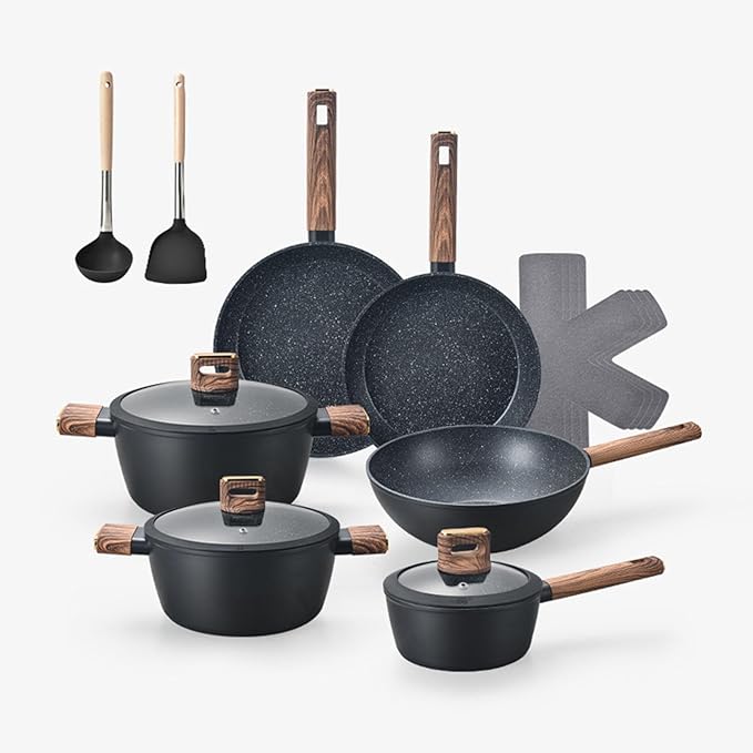 Cookware Set Non Stick Non Toxic Induction Pots and Pan Set Nonstick 15pcs Kitchen Set Induction Cookware Cooking Set Pots Set for Healthy Cooking Black