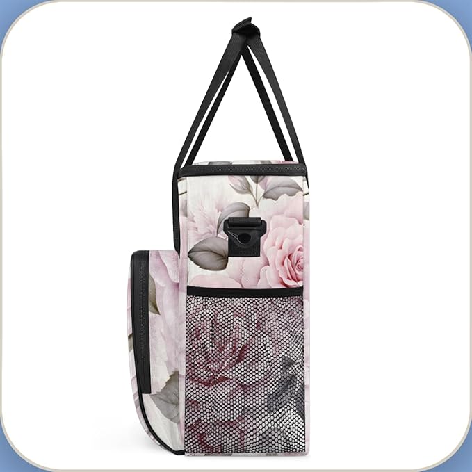 Pink Flower Travel Coffee Maker Carrying Bag Pink Floral Large Organizer Storage Tote Bag Insulated Reusable Cooler Lunch Bags