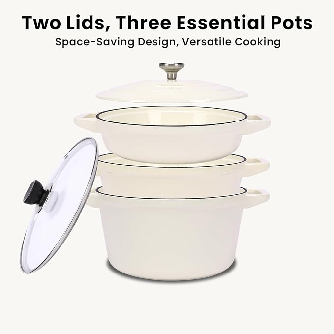 QuliMetal Enameled Cast Iron Set 5-Pc 10 Stackable Space-Saving Cookware Set Dutch Oven Skillet Grill Pan with 2 Universal Lid Versatile Enamel Dutch Oven Included Spacers White