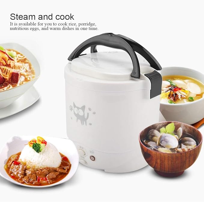 Mini Rice Cooker 12v Electric Lunch Box Portable Travel Cooker for Car Multifunctional Electric Food Steamer Fast Cooking Fully Automatic Non Stick Pot for Travel Camping (White)