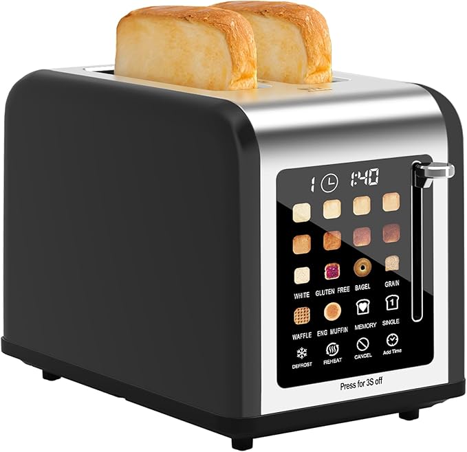 2 Slice Toaster Touch Screen Stainless Steel Toasters Digital Timer 2 Slot Toasters 8 Shade Settings 6 Bread Types for Bagel Cancel Defrost (Black)