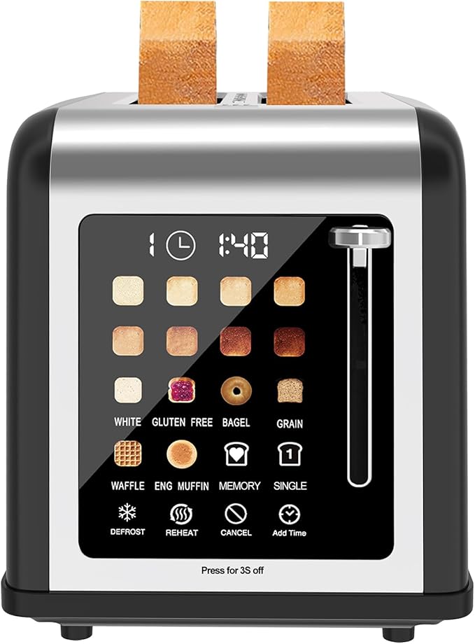 2 Slice Toaster Touch Screen Stainless Steel Toasters Digital Timer 2 Slot Toasters 8 Shade Settings 6 Bread Types for Bagel Cancel Defrost (Black)