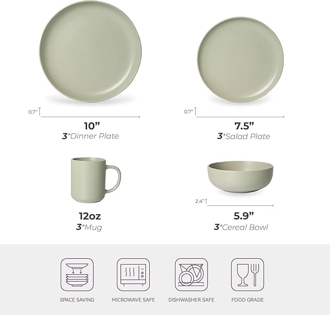 12-Piece Stoneware Dinnerware Set with Mugs | Microwave and Dishwasher Friendly | Stackable Matte Glaze Plates &amp Bowls | Service for 3 (Green for 3)