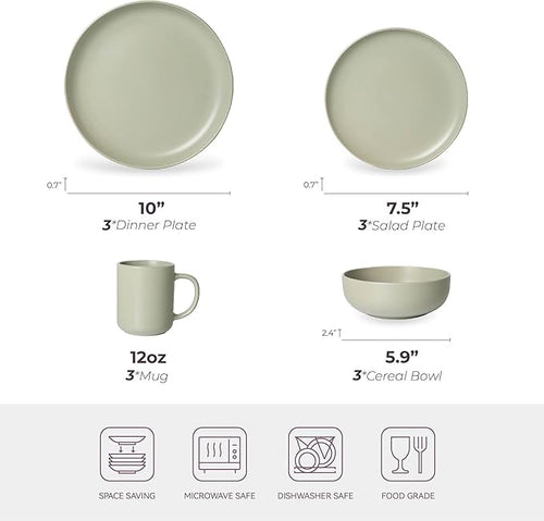 12-Piece Stoneware Dinnerware Set with Mugs | Microwave and Dishwasher Friendly | Stackable Matte Glaze Plates &amp Bowls | Service for 3 (Green for 3)