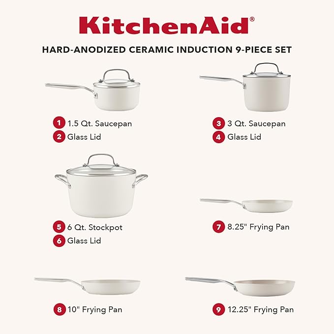 KitchenAid Hard Anodized Ceramic Induction Nonstick Pots and Pans with Saucepans Frying Pans Stockpot and Lids Dishwasher Safe 9 Piece Cookware Set with Stainless Steel Handles - Porcelain White