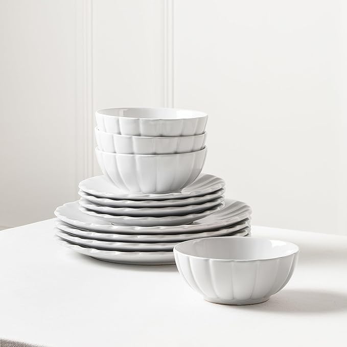 Earth &amp Clay Phoenix 12-Piece Stoneware Dinnerware Set Plates and Bowls Set Dishwasher and Microwave Safe Dish Set for 4 White