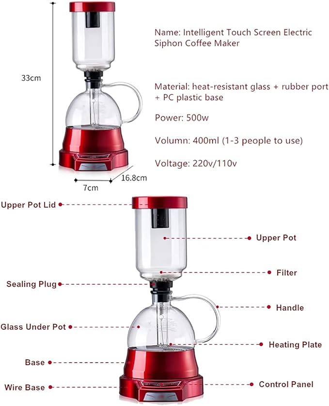 1-3 Cups Vacuum Glass Siphon Pot Tabletop Siphon Coffee Maker with Stainless Steel Heating Chassis Power 200-500W Adjustable and Automatic Timing Brewing for Coffee Shop Coffee Lover