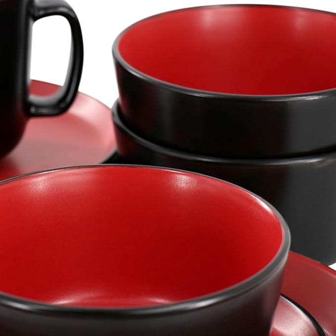 16 Piece Stoneware Dinnerware Set – Two-Tone Plates Bowls &amp Mugs for 4 Modern Matte Finish Microwave &amp Dishwasher Safe (Red)