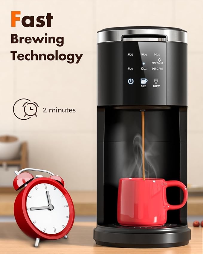 Kismile Single Serve Coffee Maker 2 in 1 Pod Coffee Maker Machine for K-Cup &amp Ground 6 to 14oz Brew Sizes 40oz Removable Water Reservoir LCD Screen Self-cleaning（Black）