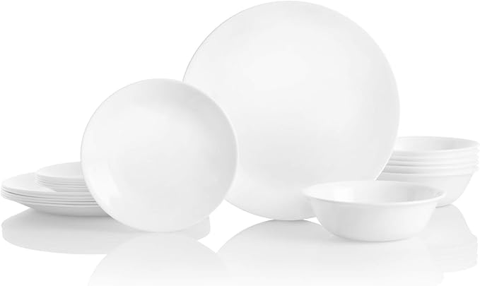 Corelle Vitrelle 18-Piece Service for 6 Dinnerware Set Winter Frost White &amp Vitrelle 28-oz Soup/Cereal Bowls Set of 6 Chip &amp Crack Resistant Dinnerware Bowls Winter Frost White