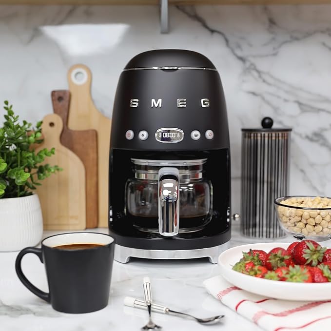 Smeg 50's Retro Style Aesthetic Drip Coffee Machine with 10 Cup Glass Carafe Auto Start Feature Keep Warm Plate and Two Coffee Strength Settings (Matte Black)