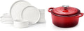 LIANYU Dinnerware Set for 4 3 QT Enameled Cast Iron Dutch Oven 12 Piece Plates and Bowls Sets Ceramic Dinner Salad Plates Cereal Bowls Nonstick Cookware for Bread Baking Oven Safe