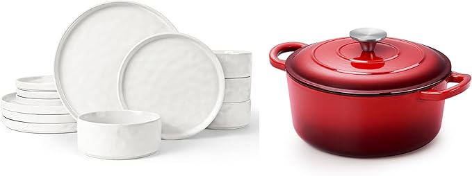 LIANYU Dinnerware Set for 4 3 QT Enameled Cast Iron Dutch Oven 12 Piece Plates and Bowls Sets Ceramic Dinner Salad Plates Cereal Bowls Nonstick Cookware for Bread Baking Oven Safe