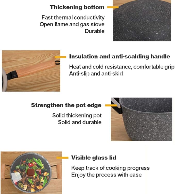 Cooking Pot Cookware Set 4-Piece Marble Coated Pots Sets Milk Pan Soup Pan Wok Frying Pan with Glass Lid