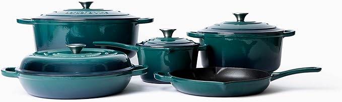 Larder &amp Vine 9 Piece Enameled Cast Iron Cookware Set Oven Safe and Compatible with all Cooktops – includes 3.6 Qt Braiser 5.7 QT and 8 QT Dutch Ovens 10.25in Skillet and 2.2 QT Saucepan (Bondi