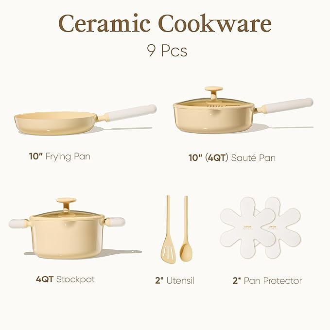 CAROTE Pots and Pans Set Nonstick Ceramic Cookware Set Yellow Cooking Set Kitchen Induction Set with Steamer PFAS PTFE Free9 Piece