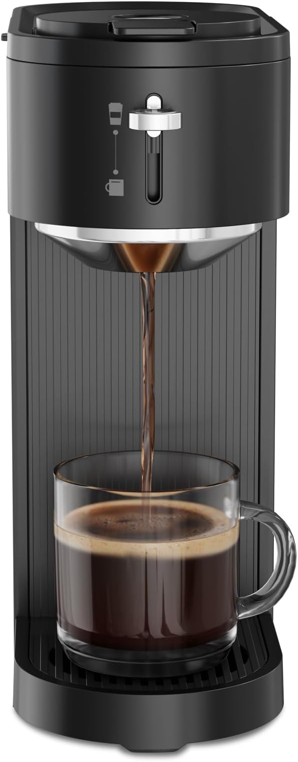Kismile K-mini Single Serve Coffee Maker for K Cup and Ground Coffee - Dual Brew Coffee MachineAdjustable 6oz-14oz Cup Size Auto Clean &amp Shut Off Compact Design for Home/Office (Matte Black)