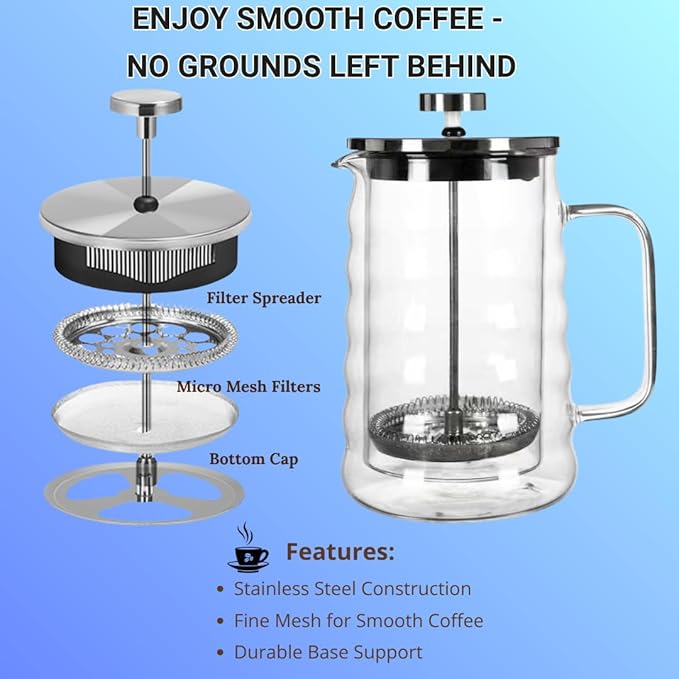 Glass French Press Coffee Maker Double-Wall Borosilicate Glass Coffee Press with Stainless Steel Mesh Filter Manual Coffee Brewer &amp Tea Press Wavy-Design French Press 22oz (Serves 4–5 Cups)
