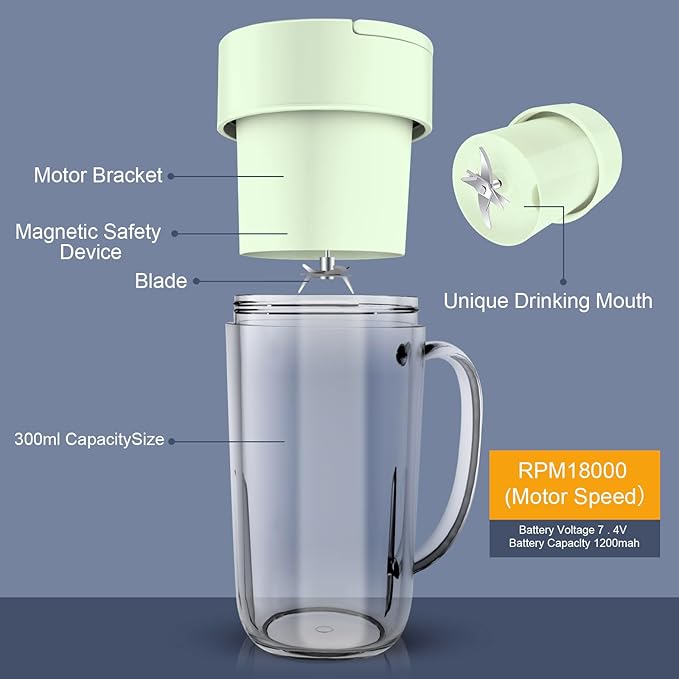 Portable Blender 10 oz Mini Personal Blender for Smoothies Fruits and Veggies with Rechargeable USB Easy to Clean suitable for Traveling or Camping(Green)