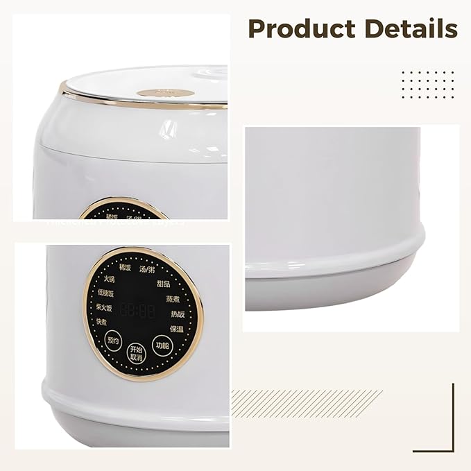 2 L Mini Rice Cooker 400W for 2-3 People Touch Panel Stainless Steel Inner Pot Auto Shut-Off White