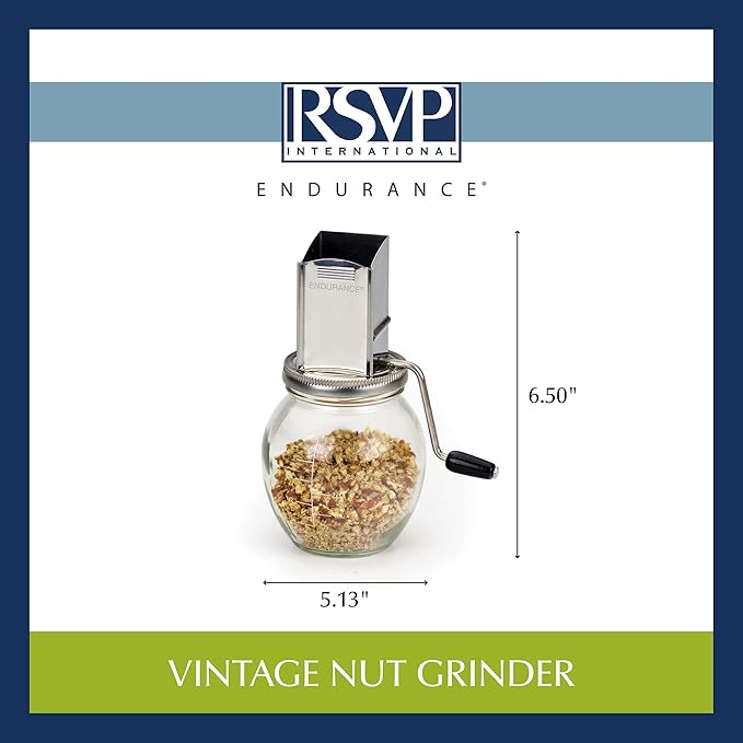 RSVP International Endurance Vintage Inspired Nut Grinder 1.25 Cup Capacity Glass Bottom