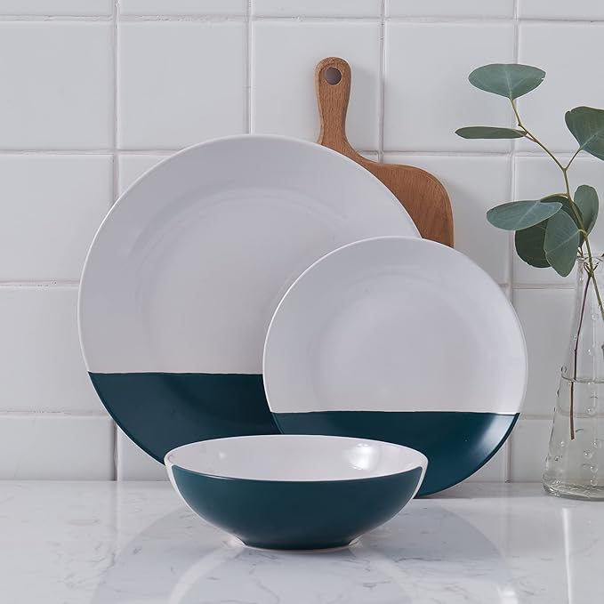 Stone + Lain Lizzy Stoneware 12-Piece Round Dinnerware Set Emerald Green
