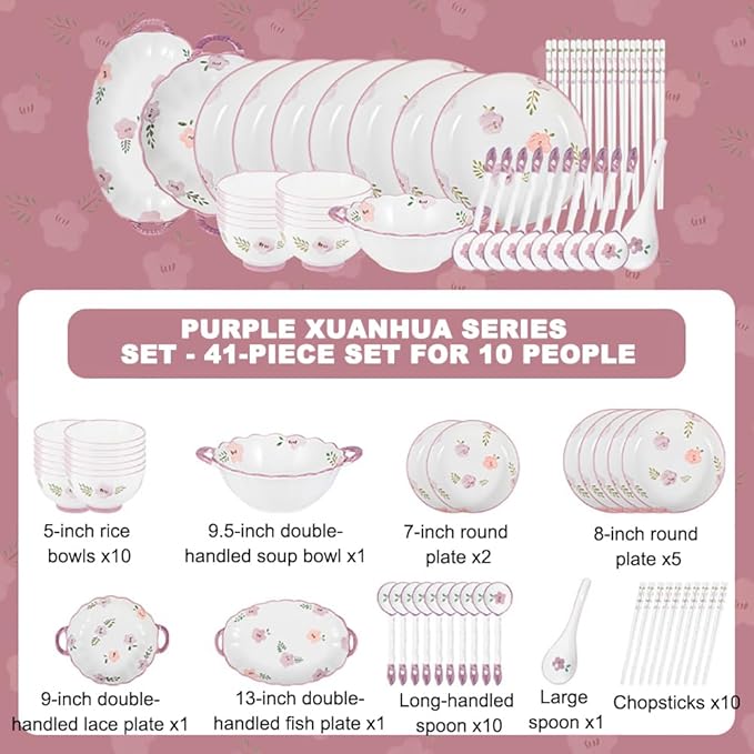 Modern Dinnerware Set Ceramic Plate And Bowl Set Serves 4-10 Purple Floral Dinnerware Set Dinner Salad Dessert Plate And Cereal Bowl SetD