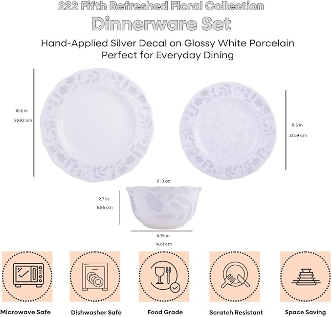 222 Fifth 12-Piece Porcelain Dinnerware Set for 4 Glossy White Plates and Bowls Sets with Silver Flower Pattern Luxury Ceramic Dish Set Elegant Kitchen Dishes for Everyday Dining Refreshed Floral