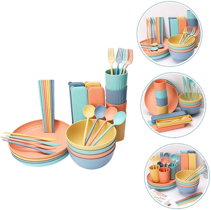 4Sets Portable Wheat Straw Cutlery Set Home Dinnerware Set with Bowls Plates Cups and Utensils Microwave and Dishwasher and Kitchen Tableware