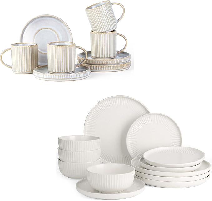 Famiware Dinnerware Sets with Cups and Saucers Set Plates and Bowls Dish Set of 4 (16 Pieces) - Dishwasher &amp Microwave Safe Chip Resistant Reactive Glaze