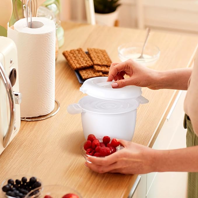 Microwave Rice Cooker Steamer Round Microwave Food Container for Vegetables Safe as Mixing and Serving Bowls Micro Rice Pasta Cooker - Dishwasher Safe | 1.8 Liter/7.5 Cup