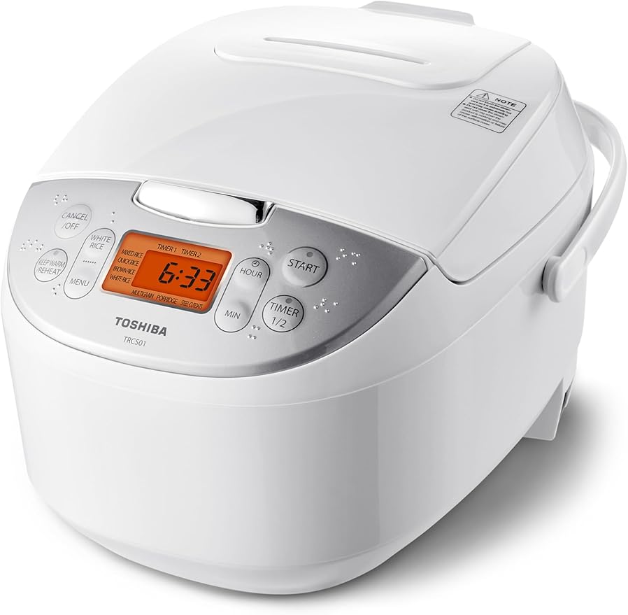 Toshiba Rice Cooker 6 Cup Uncooked – Japanese Rice Cooker with Fuzzy Logic Technology 7 Cooking Functions Digital Display 2 Delay Timers and Auto Keep Warm Non-Stick Inner Pot White