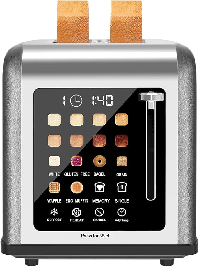 2 Slice Toaster Touch Screen Stainless Steel Toasters Digital Timer 2 Slot Toasters 8 Shade Settings 6 Bread Types for Bagel Cancel Defrost (Grey)