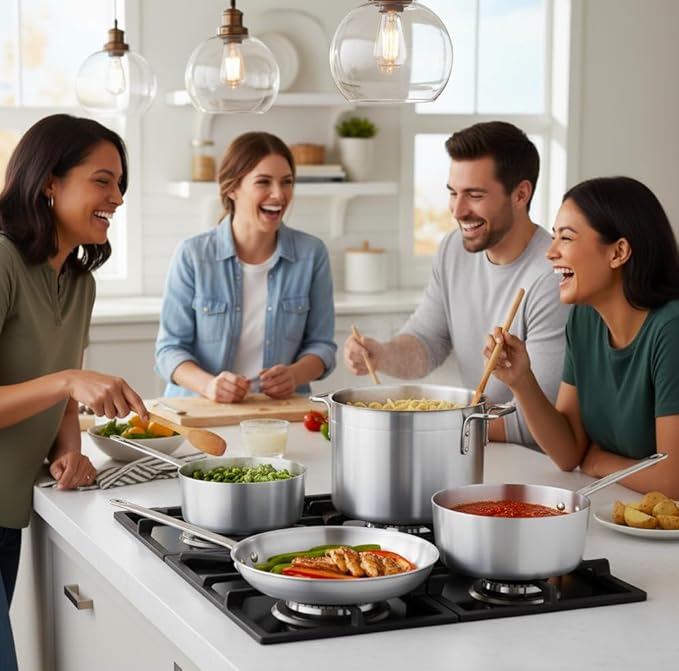 5-Piece Aluminum Cookware Set – Includes 2.75 Qt &amp 3.75 Qt Sauce Pans 8 Qt Stock Pot with Cover and 10 Fry Pan – Heavy-Duty Riveted Handles Superior Heat Distribution (5-Piece Set)