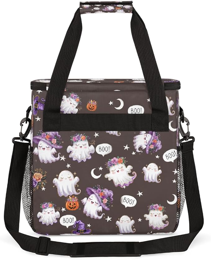 Halloween Flower White Ghost Coffee Maker Carring Bag Travel Carrying Storage Tote Bag Compatible with Keurig K-Mini or K-Mini Plus Portable Single Serve Coffee Brewer Case with Pockets