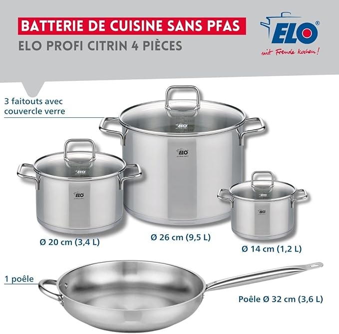 ELO 9500750 Cookware Set 4-Piece 1 Frying Pan 32 cm and 3 Cooking Pans 14 20 and 26 cm Elo Profi Citrine Stainless Steel Induction