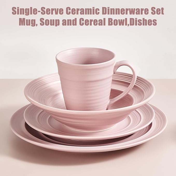 Modern Ceramic Dinnerware Set 4-Piece Mug Bowl and Dinner Plates (Mauve)