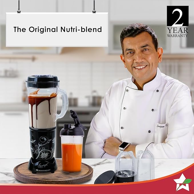 Wonderchef Nutri-blend Juicer Mixer Grinder Blender &amp Smoothie Maker 500W 22000 RPM Full Motor Unbreakable Jars Recipe book by Chef Sanjeev Kapoor 2 Jar 3 Jar Black