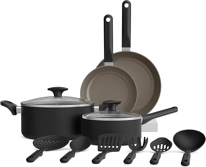 bella 12 Piece Cookware Set with EverGood™ Ceramic Nonstick Coating Dishwasher &amp Oven Safe All Stovetops Compatible Tempered Glass Lids and Cool Touch Handles Black