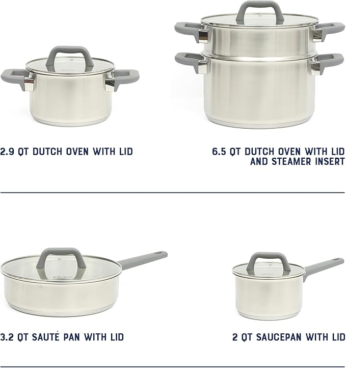 Oster Beauford 9-Piece Stainless Steel 5-Ply Encapsulated Base Cookware Set – Non-Toxic Induction Compatible Pots and Pans with Stay-Cool Handles – Dishwasher Safe