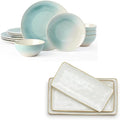 Famiware Glacier Plates and Bowls Sets + 3 Pcs Ocean Rectangular Serving Platter 15-Piece Dinnerware Sets for 4
