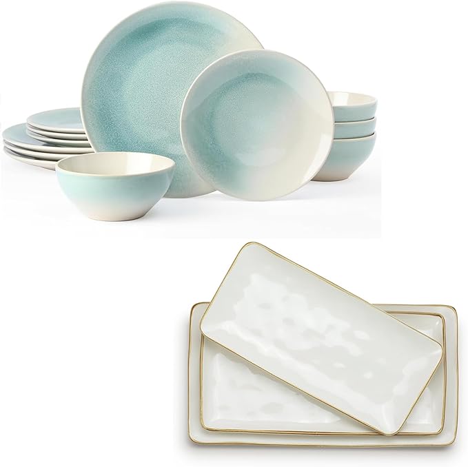 Famiware Glacier Plates and Bowls Sets + 3 Pcs Ocean Rectangular Serving Platter 15-Piece Dinnerware Sets for 4