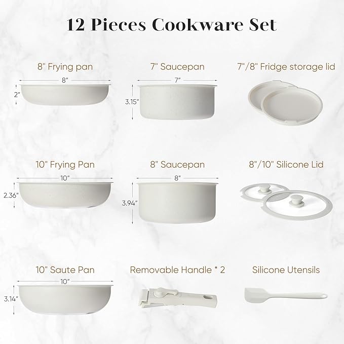 12 Pcs Pots and Pans Set Nonstick - Kitchen Cookware Set with Detachable Handle Induction Cookware Dishwasher Oven Safe (Beige)