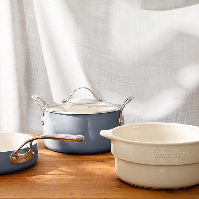 Bloomhouse 12 Piece Aluminum Pots and Pans Cookware Set w/Non-toxic Ceramic Non-stick Ceramic Steamer Insert &amp 12 Protective Care Bags - Periwinkle Blue