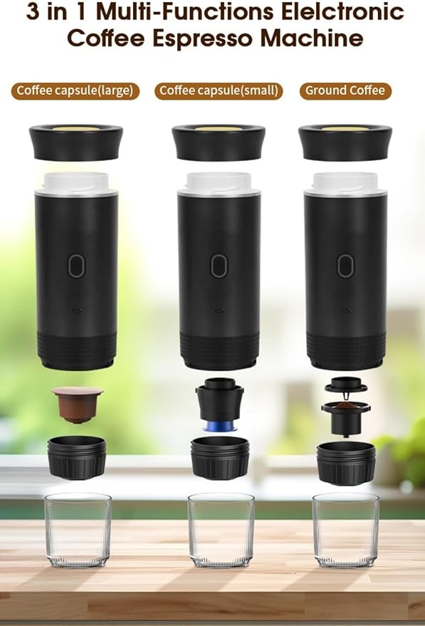 Portable Espresso Machine Wireless Electric 3-in-1 Coffee Maker with Self-Heating 20Bar Compatible with Large/Small Capsules &amp Ground Coffee Ideal for Camping Office Travel (Black)