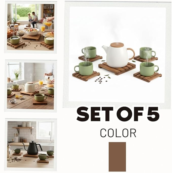 LO-MAS Premium Handmade Wooden Trivet Set (1-15x15 4-5x5) – Heat Resistant Hot Pad for Kitchen Table and Counter Protector Wooden Coaster for Hot Pots Pans Bowls Tea Coffee